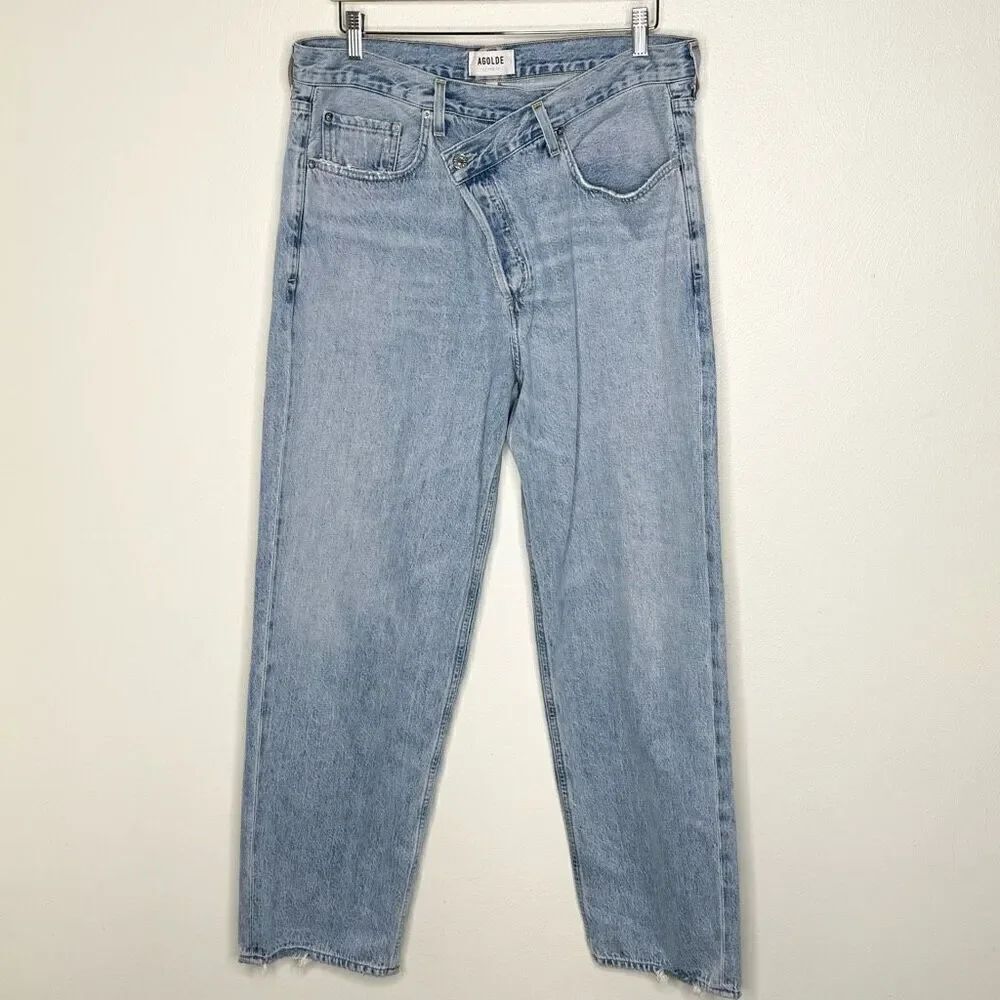 Agolde High Rise Straight Leg Diagonal Button Closure Light Wash Jeans - Women’s